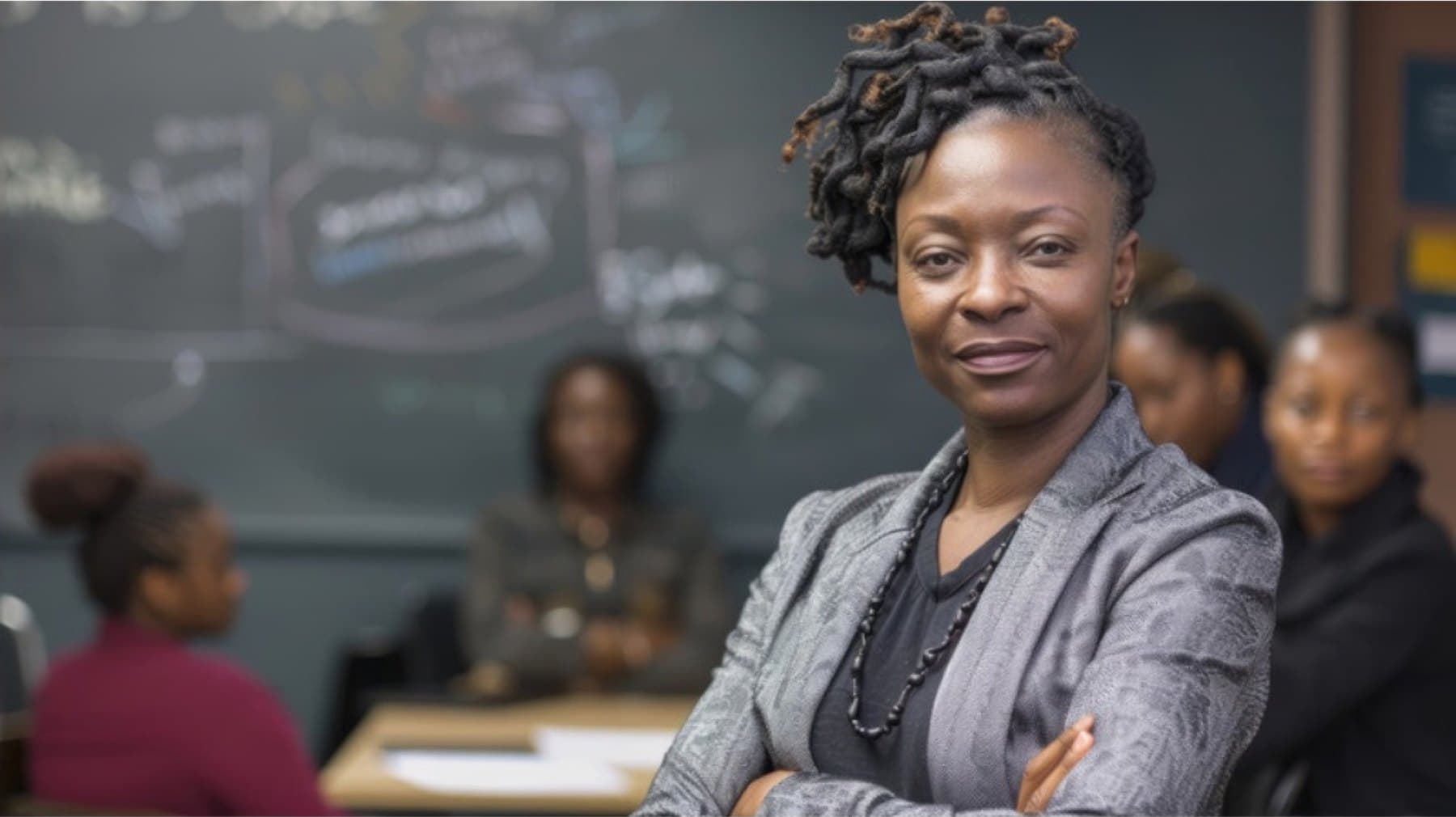 An educator stands with her students in a classroom.
